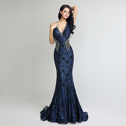 

Mermaid / Trumpet Luxurious Engagement Formal Evening Dress V Neck Sleeveless Court Train Lace Tulle with Beading 2021