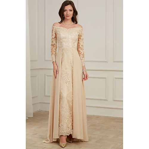 

A-Line Elegant Spring Wedding Guest Formal Evening Dress Off Shoulder Long Sleeve Floor Length Lace Polyester with Overskirt Appliques 2021