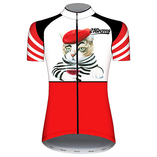 

21Grams Women's Short Sleeve Cycling Jersey Spandex Red and White Cat Solid Color Animal Bike Jersey Top Mountain Bike MTB Road Bike Cycling UV Resistant Breathable Quick Dry Sports Clothing Apparel