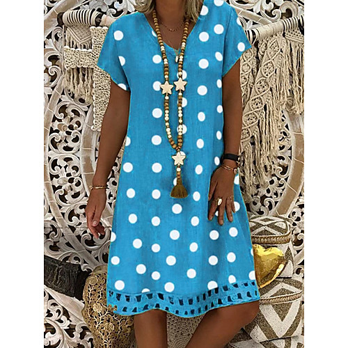 

Women's Loose Knee Length Dress Blue Yellow Khaki Gray Short Sleeve Polka Dot V Neck Hot S M L XL XXL 3XL