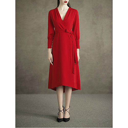 

A-Line Minimalist Wedding Guest Cocktail Party Dress V Neck Long Sleeve Tea Length Spandex with Sash / Ribbon Buttons 2021