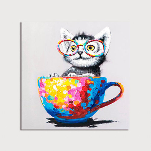 

Hand Painted Canvas Oilpainting Abstract Animal Cat with Cup by Knife Home Decoration with Frame Painting Ready to Hang With Stretched Frame