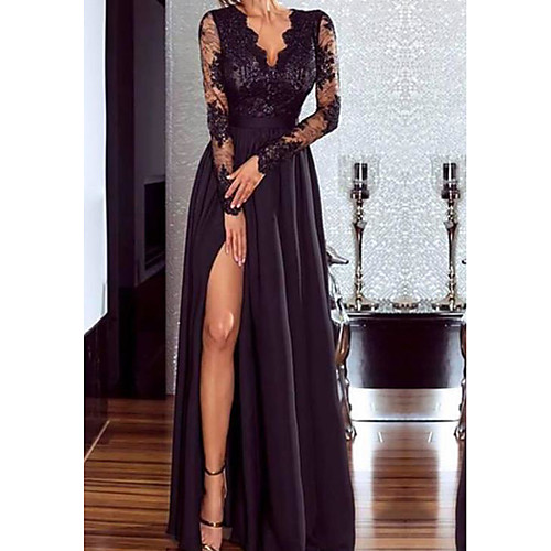 

Women's Maxi Loose Dress - Long Sleeve Solid Color V Neck Wine Black S M L XL