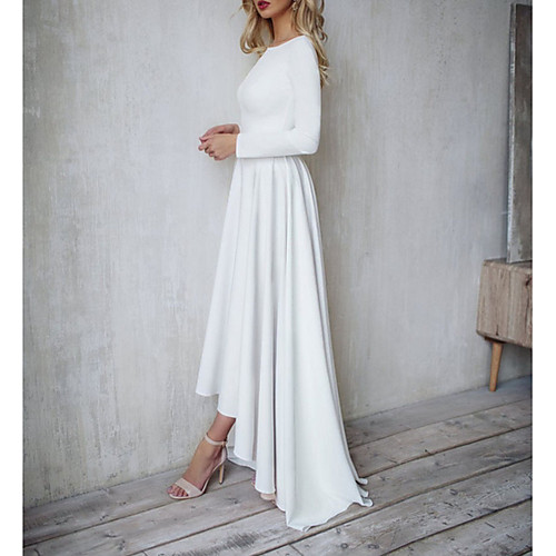 

A-Line Minimalist Elegant Engagement Formal Evening Valentine's Day Dress Jewel Neck Long Sleeve Floor Length Italy Satin Polyester with Pleats 2021