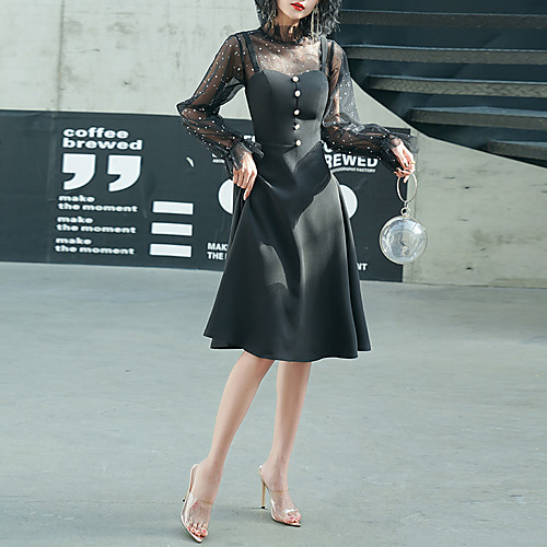 

A-Line Hot Homecoming Cocktail Party Dress High Neck Long Sleeve Knee Length Spandex with Buttons 2021