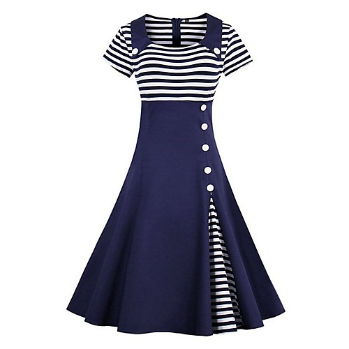 

Women's A Line Dress - 3/4 Length Sleeve Striped Patchwork Spring & Summer Peter Pan Collar Elegant Sophisticated Dress 2020 Wine Black Navy Blue S M L XL XXL XXXL XXXXL / Cotton