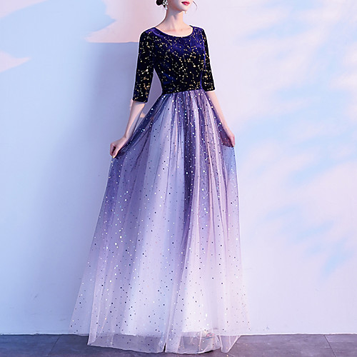 

A-Line Color Block Prom Formal Evening Dress Jewel Neck Half Sleeve Floor Length Tulle Velvet with Sequin 2021