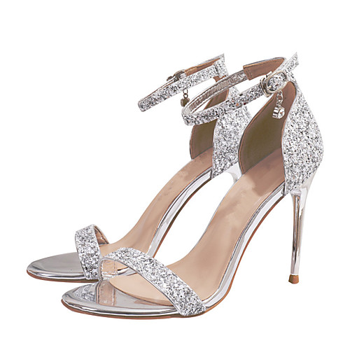 

Women's Sandals Stiletto Heel Open Toe Buckle / Sequin Synthetics Sweet Walking Shoes Spring & Fall / Spring & Summer Silver / Party & Evening