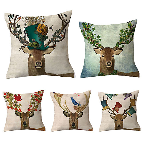 

Set of 5 Polyester Pillow Cover, Retro Animal Vintage Christmas Square Traditional Classic Throw Pillow