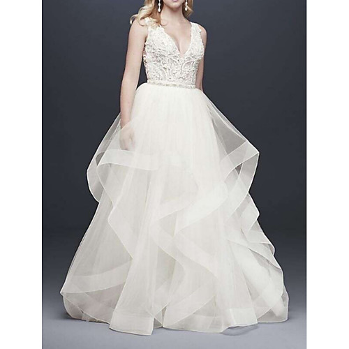 

A-Line Wedding Dresses V Neck Floor Length Tulle Sleeveless Casual Plus Size with Cascading Ruffles 2021
