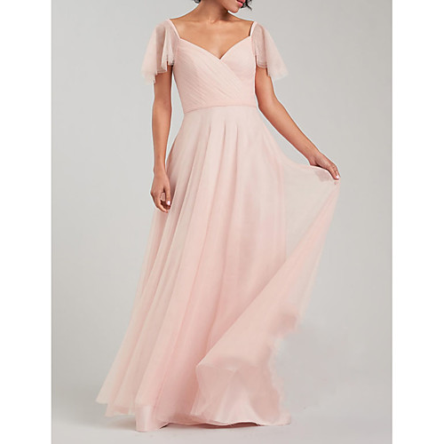 

A-Line Empire Wedding Guest Prom Dress V Neck Sleeveless Floor Length Chiffon with Pleats 2021