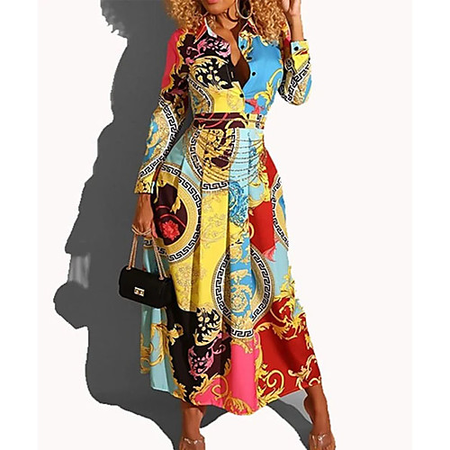

Women's Maxi A Line Dress - Long Sleeve Geometric Shirt Collar Elegant Slim Light Blue S M L XL XXL
