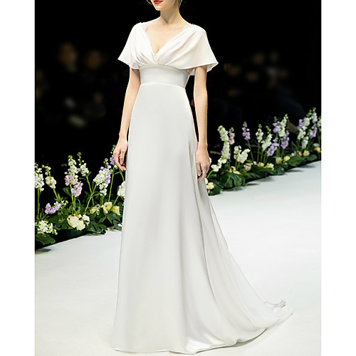 

A-Line Wedding Dresses V Neck Sweep / Brush Train Satin Lace Over Satin Short Sleeve Simple Elegant with 2021