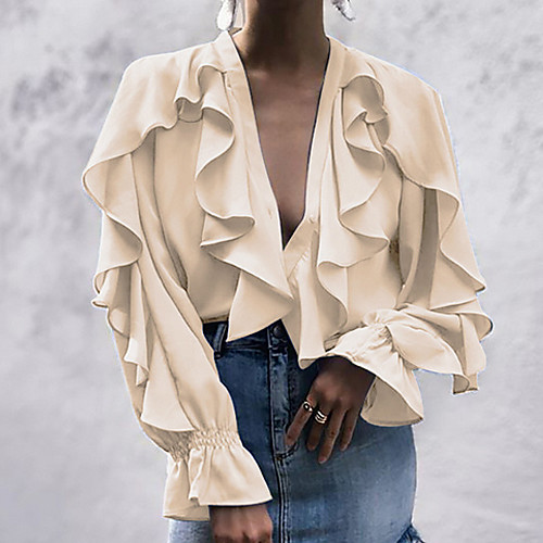 

Women's Solid Colored Ruffle Loose Blouse Daily V Neck Beige