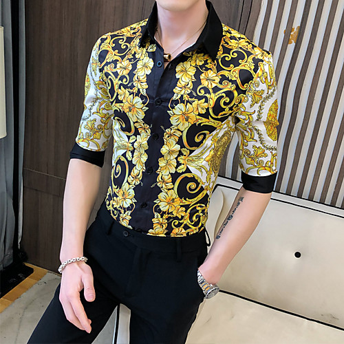

Men's Shirt Floral Print Half Sleeve Going out Tops Tropical Yellow