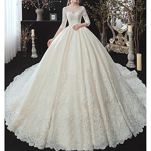 

Ball Gown Wedding Dresses Jewel Neck Watteau Train Lace Tulle Lace Over Satin 3/4 Length Sleeve Formal Plus Size Illusion Sleeve with Lace Lace Insert 2021