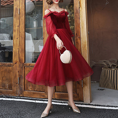 

A-Line Elegant Cocktail Party Prom Valentine's Day Dress Off Shoulder Half Sleeve Tea Length Tulle Velvet with Pleats 2021