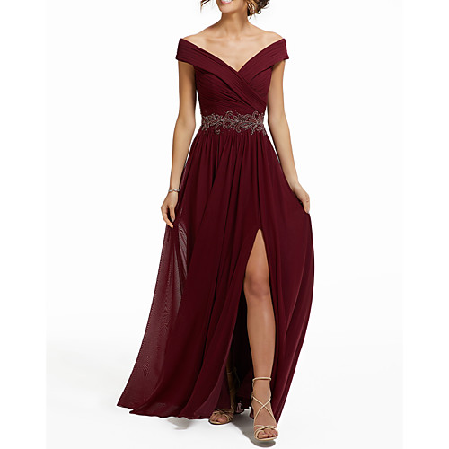 

A-Line Empire Engagement Formal Evening Dress V Neck Sleeveless Floor Length Chiffon with Split Appliques 2021