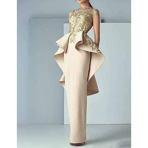 

Sheath / Column Luxurious Peplum Engagement Formal Evening Dress Jewel Neck Short Sleeve Floor Length Polyester with Ruffles Appliques 2020