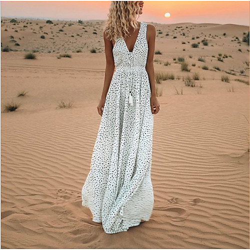 

Women's Swing Dress Maxi long Dress Blue Blushing Pink White Beige Sleeveless Polka Dot Polka Dots Lace up Spring Summer V Neck Hot Casual Holiday 2021 S M L XL XXL 3XL / Beach