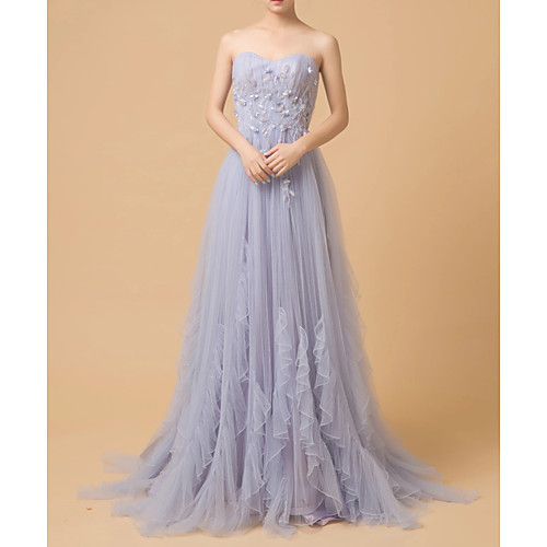 

A-Line Luxurious Engagement Prom Dress Strapless Sleeveless Court Train Tulle with Beading Ruffles Appliques 2021