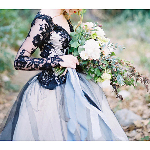 

Ball Gown Wedding Dresses V Neck Sweep / Brush Train Polyester Long Sleeve Formal Plus Size Black Modern with Draping Appliques 2021