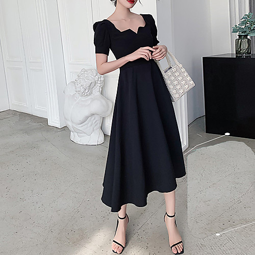 

A-Line Retro Cocktail Party Prom Dress Scoop Neck Short Sleeve Tea Length Spandex with Pleats 2021