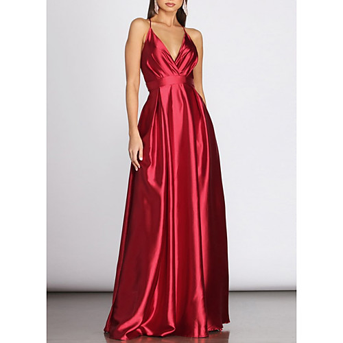 

A-Line Sexy Engagement Prom Dress V Neck Sleeveless Floor Length Charmeuse with Pleats 2021