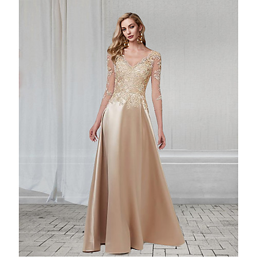

A-Line Elegant Wedding Guest Formal Evening Dress V Neck 3/4 Length Sleeve Floor Length Chiffon Lace with Appliques 2021