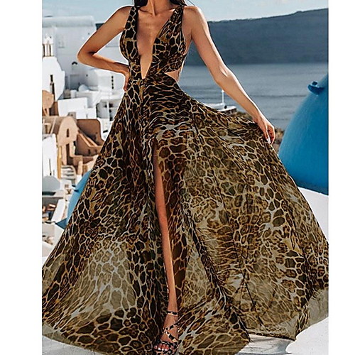 

Women's Maxi Swing Dress - Sleeveless Leopard Deep V White Brown S M L XL