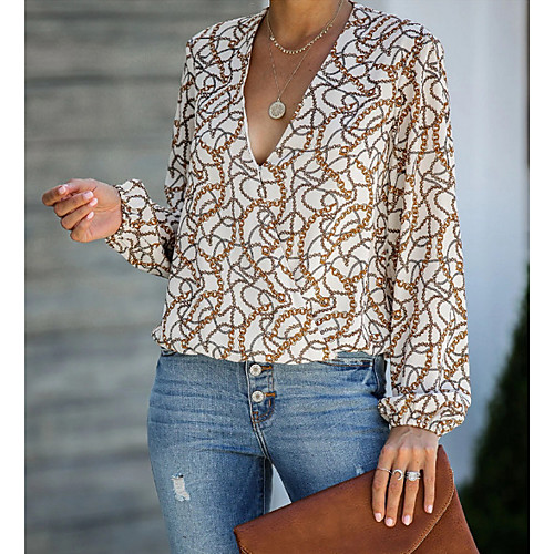

Women's Striped Shirt Daily V Neck Khaki