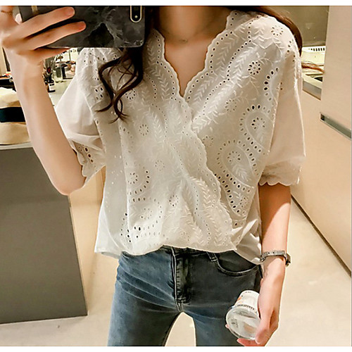 

Women's Plus Size Solid Colored Loose Blouse Daily V Neck White