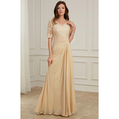 

A-Line Mother of the Bride Dress Elegant V Neck Floor Length Lace Tulle Half Sleeve with Pleats Appliques 2021