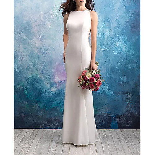 

Mermaid / Trumpet Wedding Dresses Jewel Neck Sweep / Brush Train Satin Tulle Sleeveless Casual Plus Size with Draping 2021