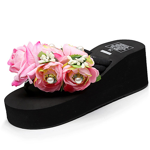 

Women's Slippers & Flip-Flops Wedge Heel Open Toe Imitation Pearl / Satin Flower Polyester Sweet / Chinoiserie Walking Shoes Summer Black / Fuchsia / Pink / Party & Evening