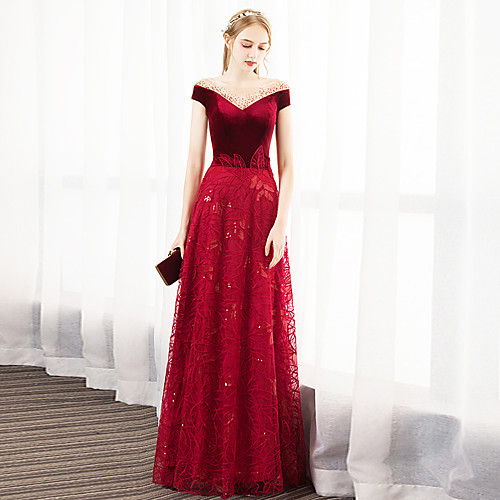 

A-Line Glittering Party Wear Formal Evening Dress Illusion Neck Jewel Neck Short Sleeve Floor Length Lace Velvet with Crystals Appliques 2021