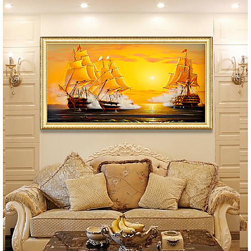 

Framed Art Print Elegant Design Antique Golden Wood Framed Canvas Sailboat Seascape Smooth Sailing PS Oil Painting Wall Art