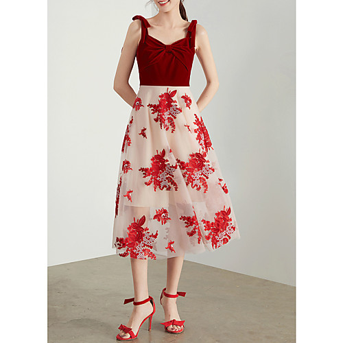 

A-Line Sexy Cocktail Party Prom Dress Spaghetti Strap Sleeveless Tea Length Chiffon Velvet with Bow(s) Pattern / Print 2021