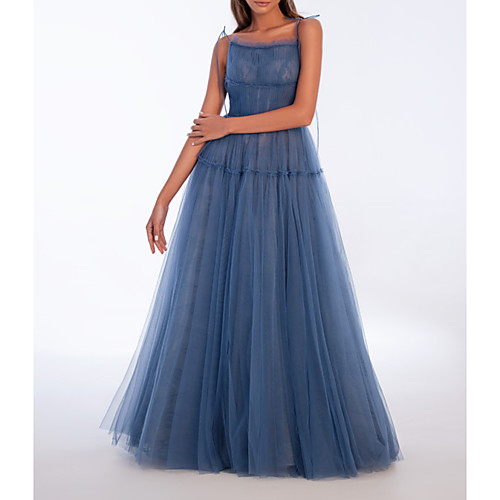 

A-Line Sexy Prom Formal Evening Dress Spaghetti Strap Sleeveless Floor Length Tulle with Pleats 2021