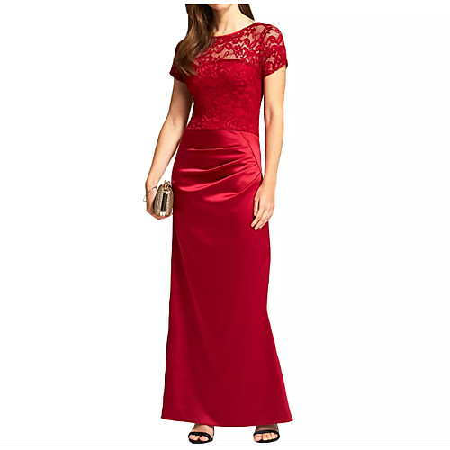 

Sheath / Column Minimalist Wedding Guest Formal Evening Dress Jewel Neck Short Sleeve Floor Length Lace Satin with Draping 2021