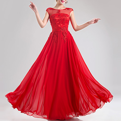 

A-Line Empire Engagement Formal Evening Dress Jewel Neck Sleeveless Floor Length Chiffon with Appliques 2021
