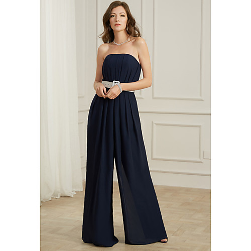 

Jumpsuits Sexy Wedding Guest Formal Evening Dress Strapless Sleeveless Floor Length Chiffon with Sash / Ribbon Pleats 2021