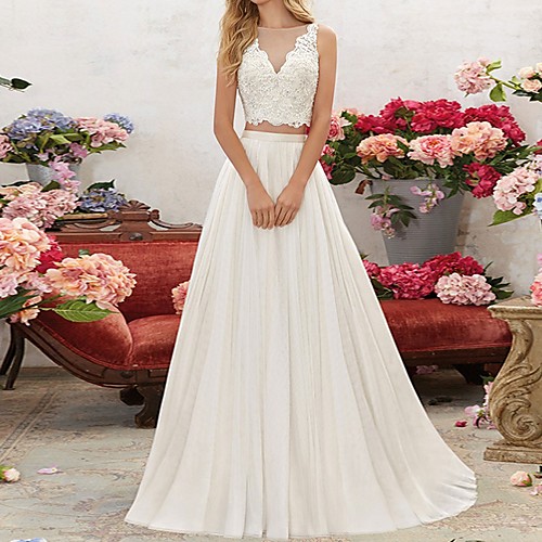 

Two Piece Wedding Dresses V Neck Sweep / Brush Train Chiffon Lace Sleeveless Beach with Lace Insert Embroidery 2021