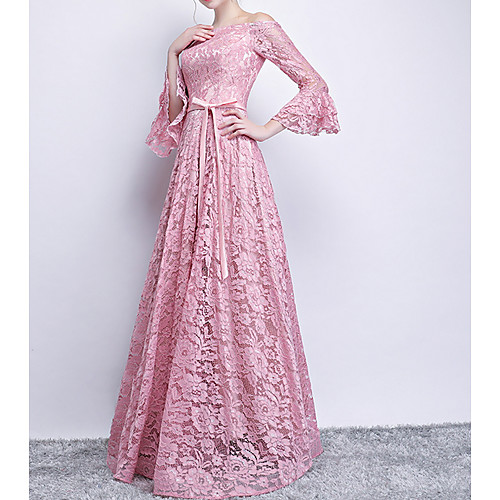 

A-Line Pink Spring Engagement Prom Dress Off Shoulder Long Sleeve Floor Length Polyester with Sash / Ribbon 2020