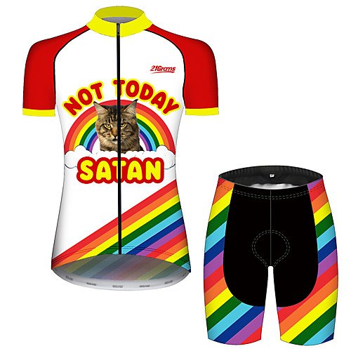 

21Grams Women's Short Sleeve Cycling Jersey with Shorts Red and White Cat Rainbow Animal Bike Clothing Suit Breathable 3D Pad Quick Dry Ultraviolet Resistant Sweat-wicking Sports Cat Mountain Bike