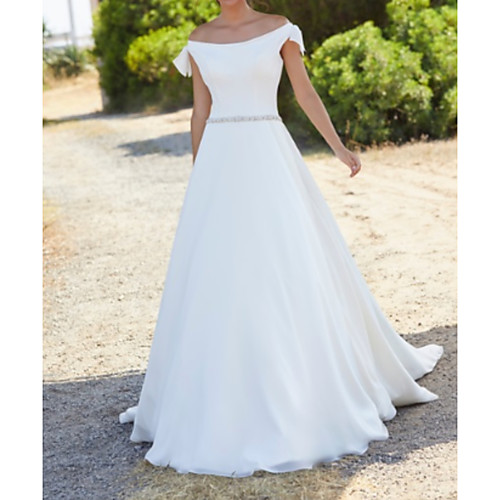 

A-Line Wedding Dresses Off Shoulder Sweep / Brush Train Polyester Cap Sleeve Country Plus Size with Sashes / Ribbons 2021