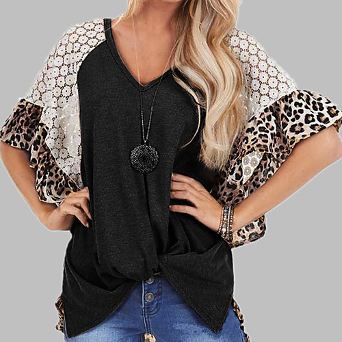 

Women's Leopard Solid Colored Lace Print Loose T-shirt Basic Street chic Daily Sports V Neck Black / Army Green / Brown / Gray