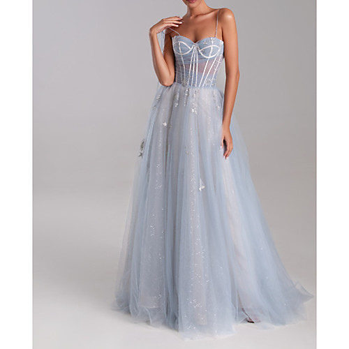 

A-Line Luxurious Engagement Formal Evening Dress Sweetheart Neckline Sleeveless Sweep / Brush Train Tulle with Appliques 2021