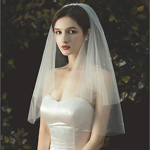

Two-tier Pearl Trim Edge / Sweet Wedding Veil Elbow Veils with Faux Pearl / Solid 27.56 in (70cm) Tulle / Classic