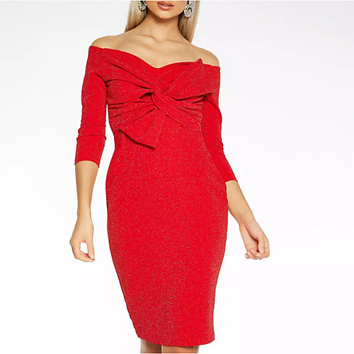 

Sheath / Column Hot Party Wear Cocktail Party Dress Off Shoulder 3/4 Length Sleeve Tea Length Polyester with Bow(s) 2021